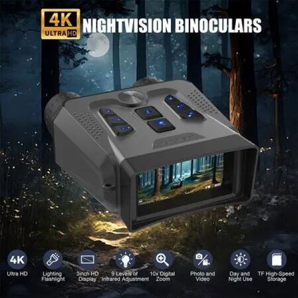 4K Night Vision Binoculars Infrared Night Vision Goggles 3 Inch HD Screen Binoculars with 10X Digital Zoom,Lighting Flashlight