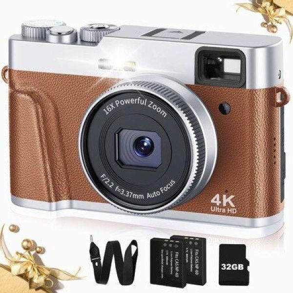 4K Retro Digital Camera with Viewfinder,48MP Digital Camera,Autofocus Anti-Shake,Travel Portable Camera with SD Card 2 Batteries,16X Zoom Vlogging Camera