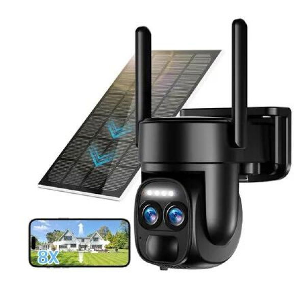 4K Solar Security Cameras Wireless Outdoor,WiFi PTZ Camera Battery Powered 360 Degree View Security Systems with Night Vision,Spotlight Siren,PIR Sensor