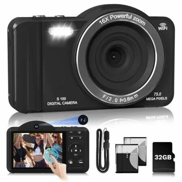 4K Touchscreen Digital Camera,75MP Dual Front & Rear Cameras Sefie,Autofocus,Wi-Fi Sharing,Compact Travel Vlogging Camera with 32GB SD Card,2 Batteries