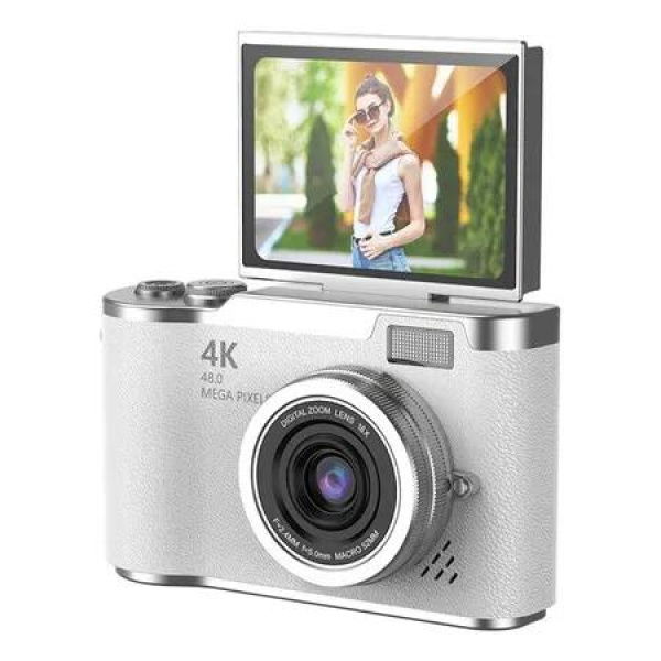 4K Ultra HD Digital Camera with Flip Screen 48MP CCD Compact Camera USB Rechargeable 32G Card White