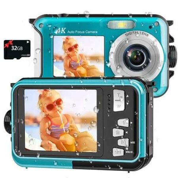 4K Underwater Camera 11FT Waterproof Camera with 32GB Card 48MP Autofocus Dual-Screen Selfie Underwater Camera for Snorkeling Compact Floatable Digital Camera (Blue)