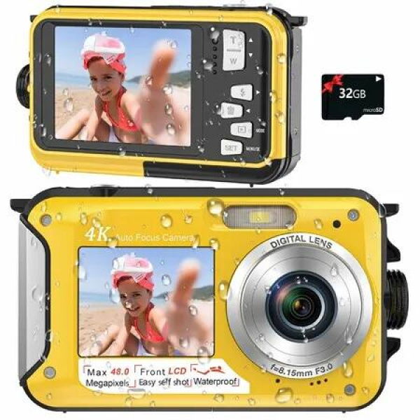 4K Underwater Camera Waterproof 32GB Card 48MP Autofocus Selfie Dual Screen Underwater Cameras for Snorkeling Digital Camera Birthday Christmas Holiday Gifts Yellow