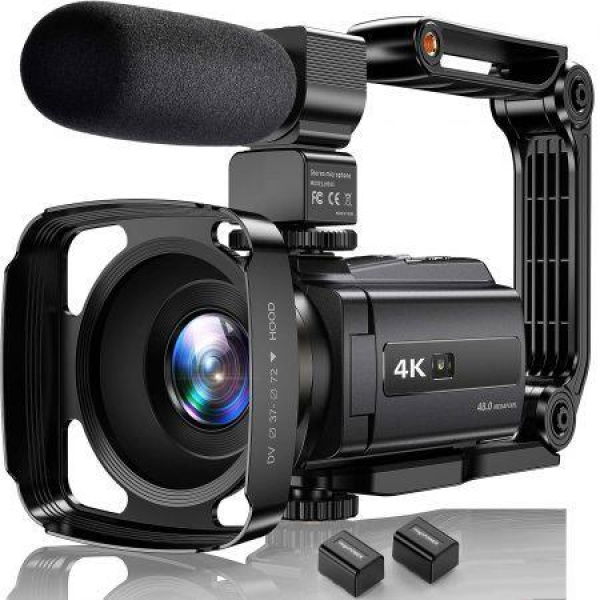 4K Video Camera Camcorder 48MP UHD WiFi IR Night Vision Vlogging Camera For YouTube 16X Digital Zoom Touch Screen Camera Recorder With MicrophoneHandheld StabilizerLens HoodRemote2 Batteries