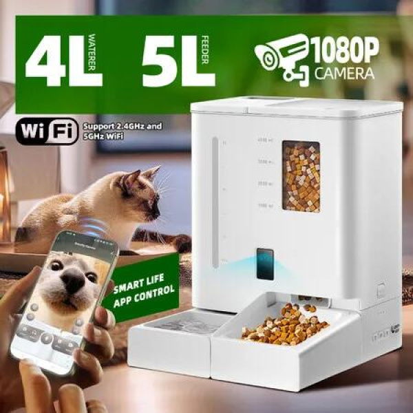 4L Automatic Pet Feeder 5L Waterer Set WiFi Smart Camera Record App Control Cat Dog Water Food Dispense Timed Digital Feeding Drinking PetScene