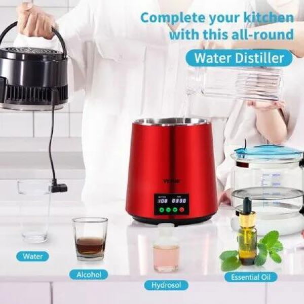 4L Water Distiller 1L/H Distilled Water Maker Timing & Temp Display Red