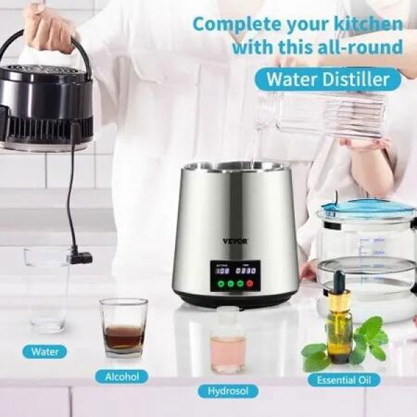 4L Water Distiller 1L/H Distilled Water Maker Timing & Temp Display Silver