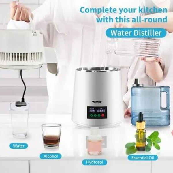 4L Water Distiller 1L/H Distilled Water Maker Timing & Temp Display White