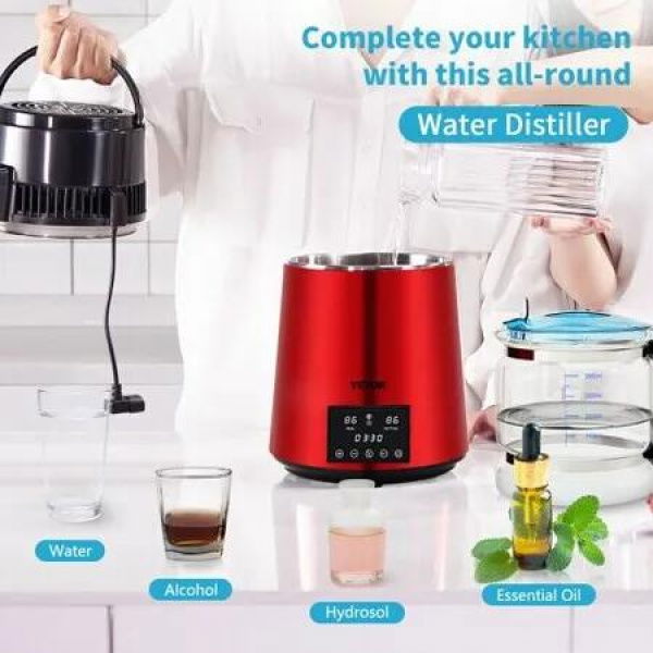 4L Water Distiller Distilled Water Maker 1 L/H w/ Timing Dual Temp Red