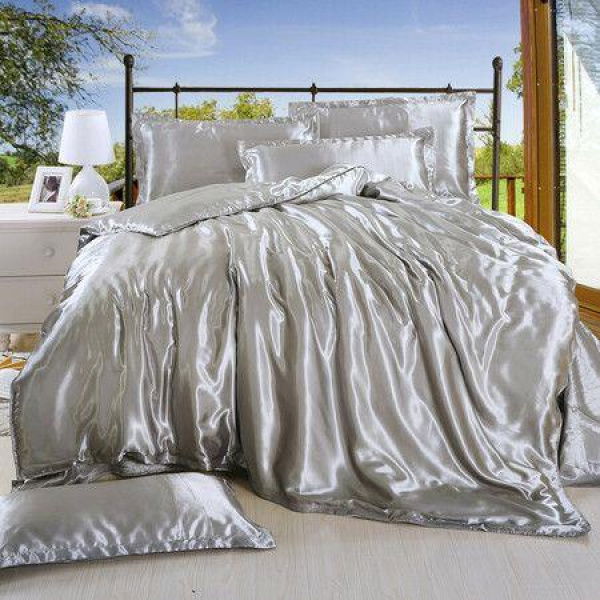 4P Faux Silk Bedding Set Duvet Cover Flat Sheet In Satin Alternative Quilted Comforter Bed Linings Bedroom (Gray 200x230)