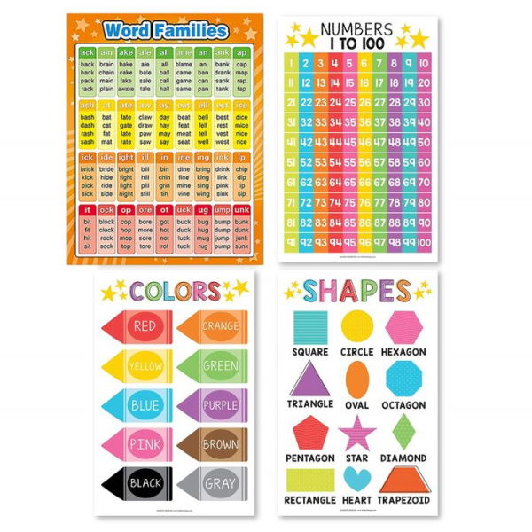 4p Word Family Count 1-100 Numbers Colors Shapes ABC Posters Counting Learning Chart For Kindergarten Classroom Prek Homeschool 30x42cm