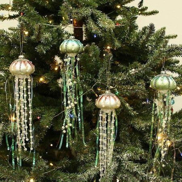 4Pack Jellyfish Christmas Tree Ornaments Jewels And Pearls Coastal Christmas Tree Decorations