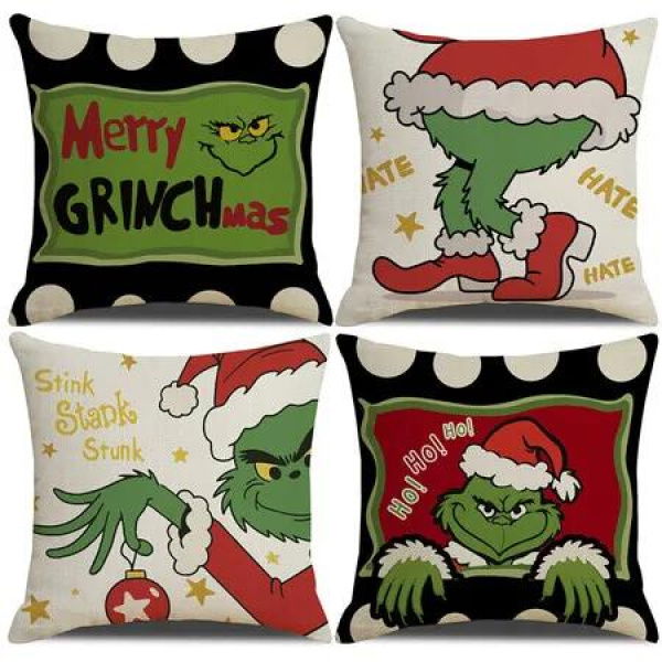 4pcs Christmas Grinch Decorative Throw Pillow Cover 45*45cm Merry Christmas Pillowcase Cushion Case Home Decoration