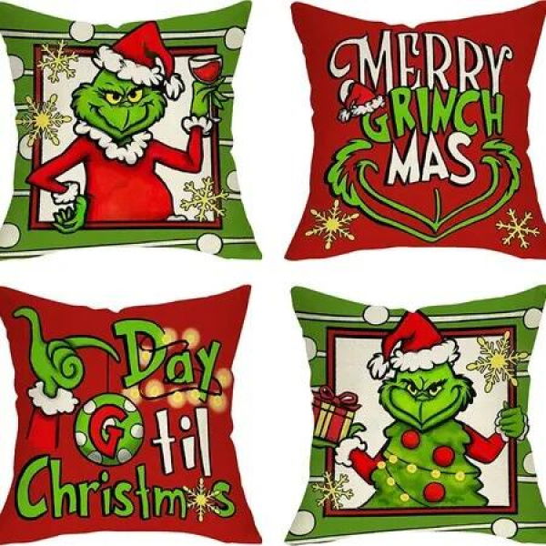 4pcs Christmas Grinch Decorative Throw Pillow Cover 45*45cm Merry Christmas Pillowcase Cushion Case Home Decoration