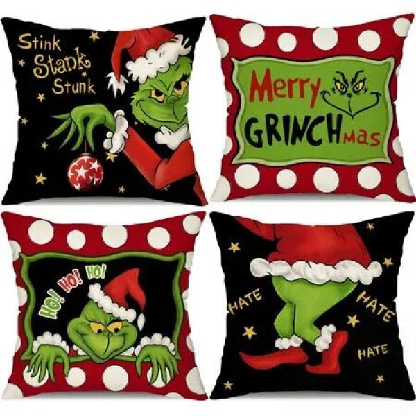 4pcs Christmas Grinch Decorative Throw Pillow Cover 45*45cm Merry Christmas Pillowcase Cushion Case Home Decoration