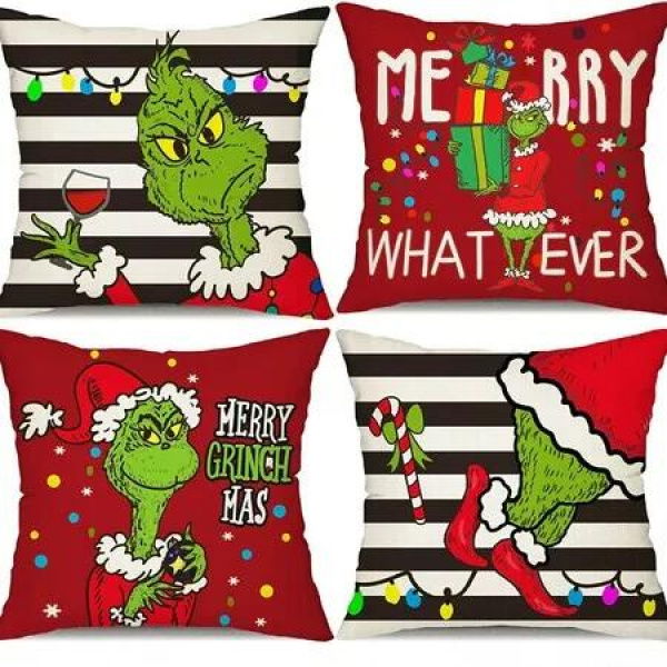 4pcs Christmas Grinch Decorative Throw Pillow Cover 45*45cm Merry Christmas Pillowcase Cushion Case Home Decoration