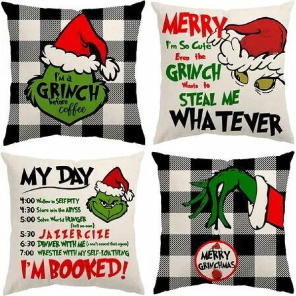 4pcs Christmas Grinch Decorative Throw Pillow Cover 45*45cm Merry Christmas Pillowcase Cushion Case Home Decoration