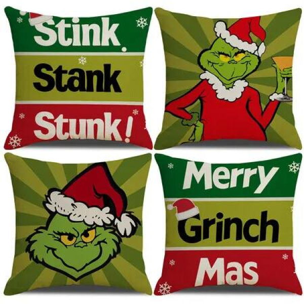 4pcs Christmas Grinch Decorative Throw Pillow Cover 45*45cm Merry Christmas Pillowcase Cushion Case Home Decoration