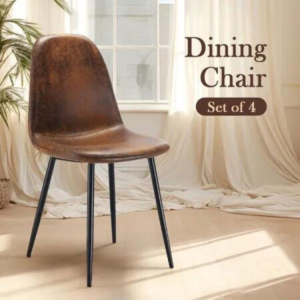 4pcs Dining Chair Set Lounge Seat Accent Kitchen Living Room Cafe Fabric Suede Side Desk Seating Backrest Metal Legs Brown