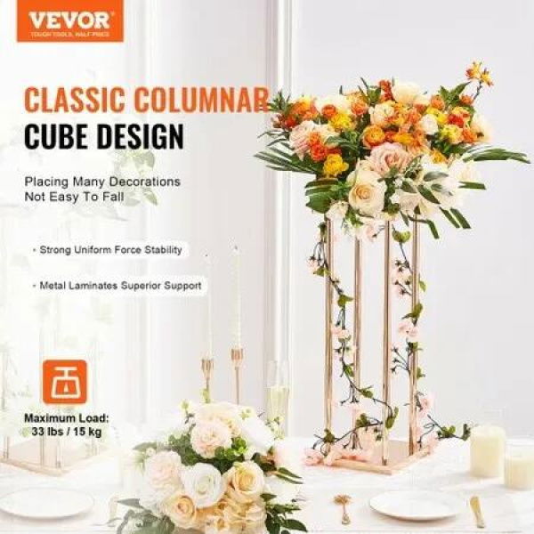 4PCS Gold Metal Column Wedding Flower Stand 31.5inch/80cm High With Metal Laminate Vase Geometric Centerpiece Stands Cylindrical Floral Display Rack