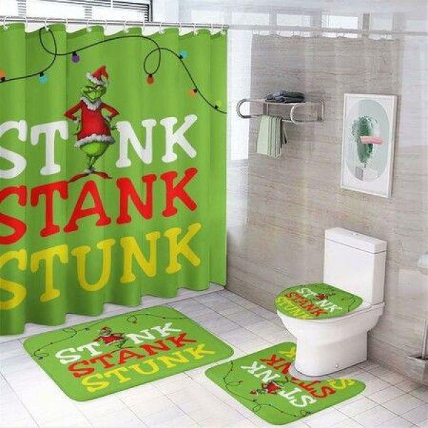 4Pcs Grinch Christmas Bathroom Shower Curtain Set with Non-Slip Rugs, Toilet Lid Cover and Bath Mat