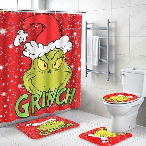 4Pcs Grinch Christmas Bathroom Shower Curtain Set with Non-Slip Rugs, Toilet Lid Cover and Bath Mat