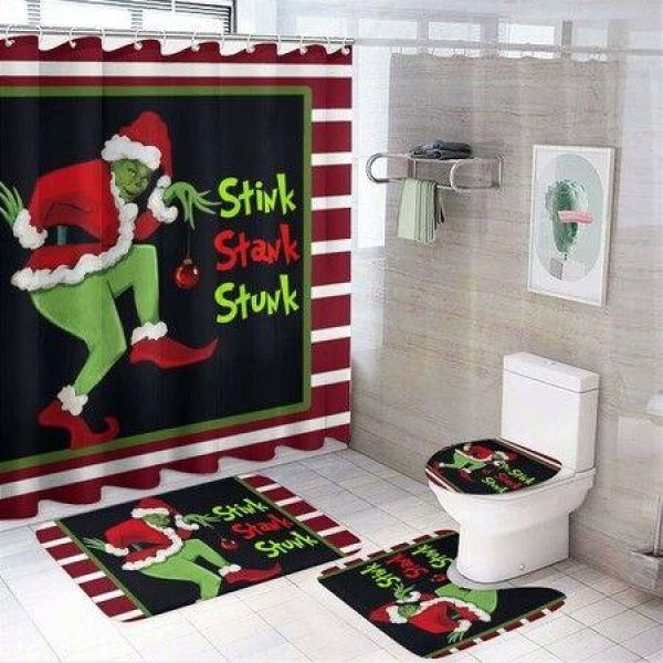 4Pcs Grinch Merry Christmas Shower Curtain Set with Non-Slip Rugs, Toilet Lid Cover and Bath Mat, 180 x 180 cm