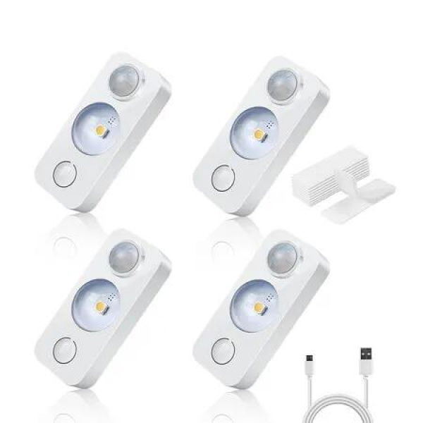 4Pcs LED Motion Sensor Puck Lights, Rechargeable Cabinet Lights, Stick on LED Night Light for Closet, Drawer, Shelf, Under Cabinet, Warm White