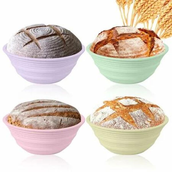4Pcs Silicone Banneton Bread Proofing Baskets,9Inch Collapsible Sourdough Bread Baking Supplies Non-Stick Round Dough Proofing Bowl Containers Oven Safe
