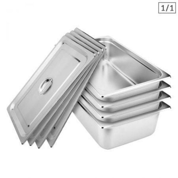 4X Gastronorm GN Pan Full Size 1/1 GN Pan 15cm Deep Stainless Steel Tray With Lid.