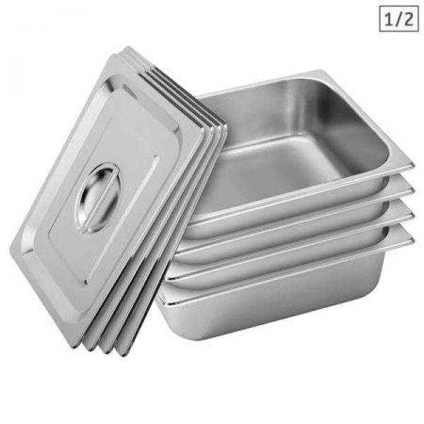 4X Gastronorm GN Pan Full Size 1/2 GN Pan 10cm Deep Stainless Steel Tray With Lid.