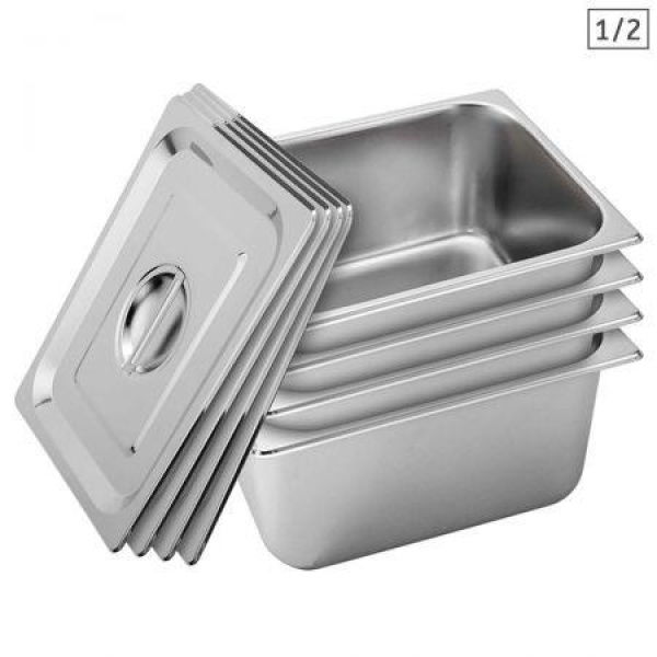 4X Gastronorm GN Pan Full Size 1/2 GN Pan 20cm Deep Stainless Steel Tray With Lid.