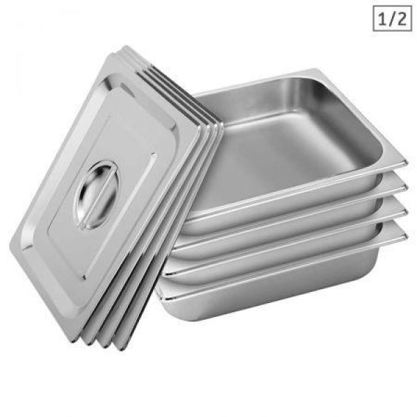 4X Gastronorm GN Pan Full Size 1/2 GN Pan 6.5cm Deep Stainless Steel Tray With Lid.