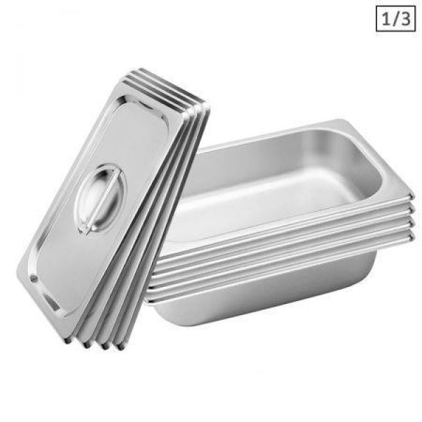 4X Gastronorm GN Pan Full Size 1/3 GN Pan 6.5 Cm Deep Stainless Steel Tray With Lid.