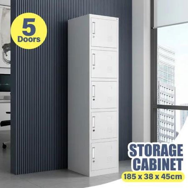 5 Doors Locker Cabinet Metal Lockable Storage Cupboard Steel Vertical Organiser Unit for Home School Work Office Staff Lab Dorm Gym Garage 185x38x45cm