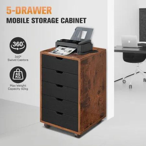 5 Drawer File Cabinet Mobile Filing Document Organiser Home Office Storage Chest Cupboard Printer Stand Brown 40x38x68cm