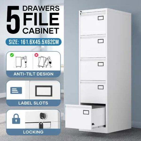 5 Drawer File Cabinet Steel Office Storage Furniture Metal White Home Cupboard Locking Filing Organiser Vertical Unit for Letter Legal A4 F4 Documents