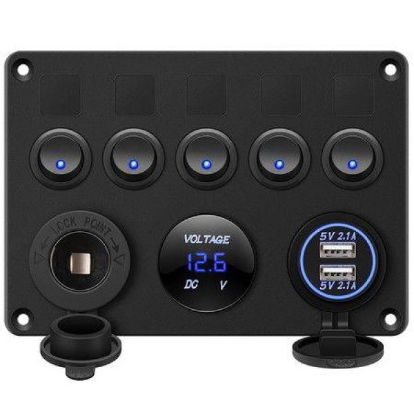 5 Gang Switch Panel 12Vor24V with?Digital Voltmeter Blue LED Equipped with Cigarette Lighter Socket and 4.2A Dual USB Port for RV Car Boat