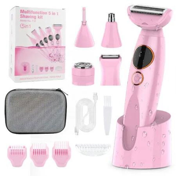 5 in 1 Bikini Trimmer for Women,IPX7 Waterproof Cordless Replaceable,Electric Razors Nose Hair Trimmer Body Shaver for Arms Legs Pink