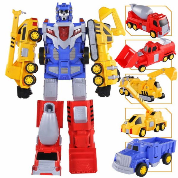 5-in-1 Construction Vehicles -Transform Into Robot Action Figures Assemble Into Giant Pull-Back Truck