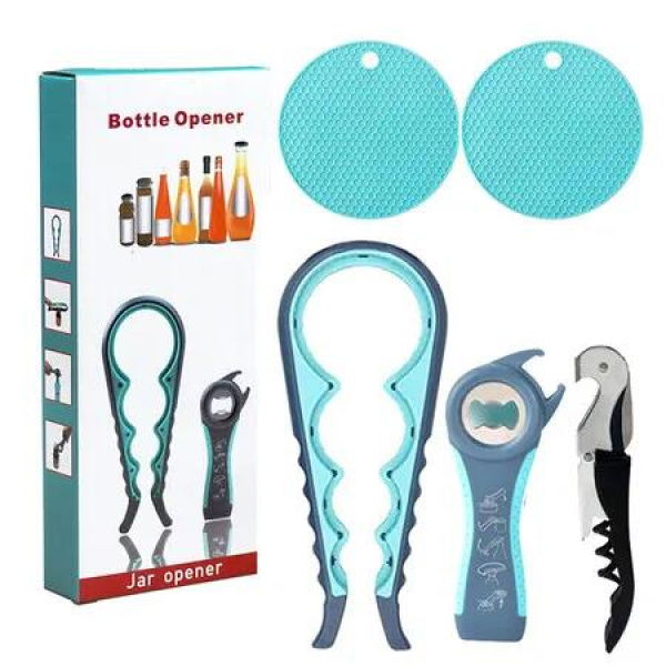 5 in 1 Multi Function Can Opener Bottle Opener Kit with Silicone Handle Easy to Use for Children, Elderly and Arthritis Sufferers, Blue