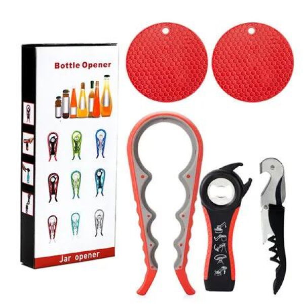 5 in 1 Multi Function Can Opener Bottle Opener Kit with Silicone Handle Easy to Use for Children, Elderly and Arthritis Sufferers, Red