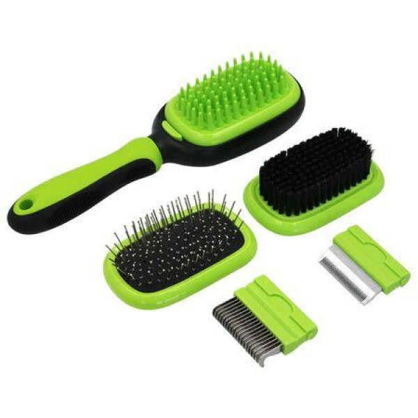 5-in-1 Pet Grooming Comb For Dogs & Cats Includes Massage Brush Pin Brush Bristle Brush Hair Removal Comb & Open Knot Comb - Green.