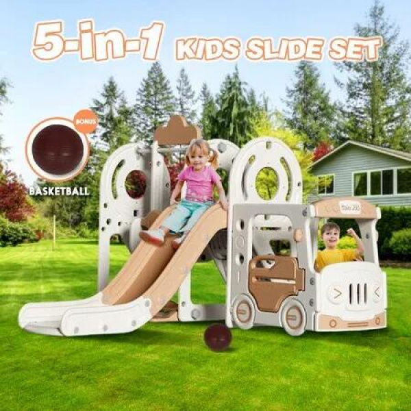 5 in 1 Slide Swing Set Kids Climber Ladder Steps Bus Playhouse Basketball Hoop Activity Playground Centre Indoor Outdoor Playset Toy