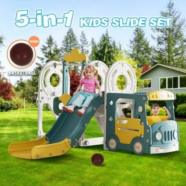 5 in 1 Slide Swing Set Kids Ladder Climber Steps Basketball Hoop Bus Playhouse Playground Activity Centre Indoor Outdoor Toy Playset