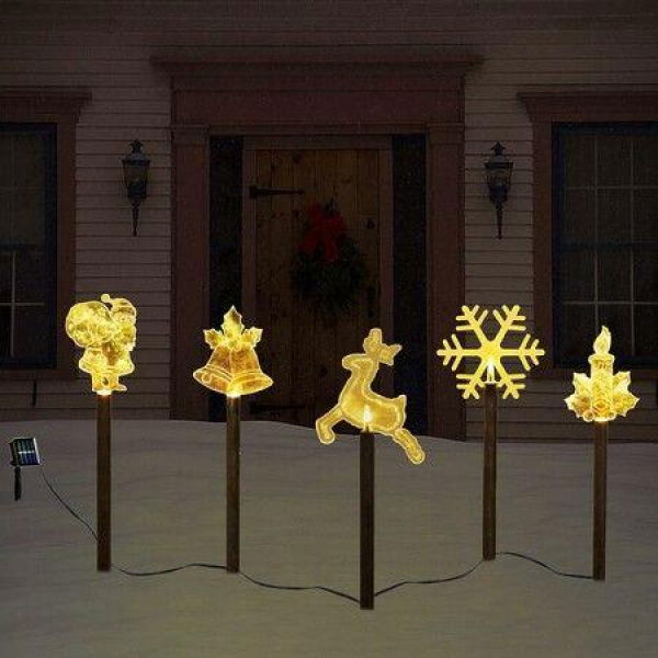 5 in 1 Solar Christmas Lawn Lamp Santa Claus Snowflakes Bells and Elk Solar-Powered Garden Decoration