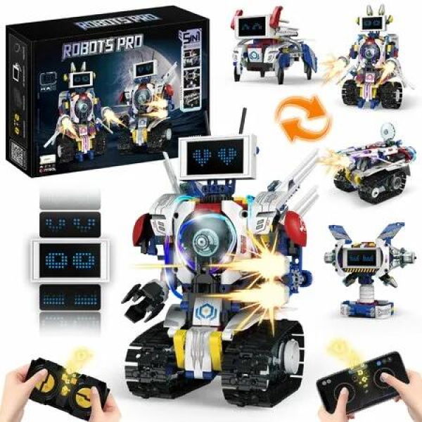5 in 1 STEM Robot Building Kit, APP Remote Control Screen Building Toys,Eye Coding Robots Rechargeable, 620Pcs DIY Super Warriors for Boys Learning