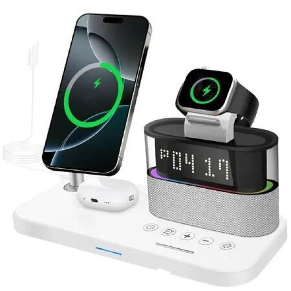 5 in 1 Wireless Charger with Alarm Clock,Mag-Safe Charging Station,Magnitec Charger Stand for Cell Phones,Watches Headphones(White)