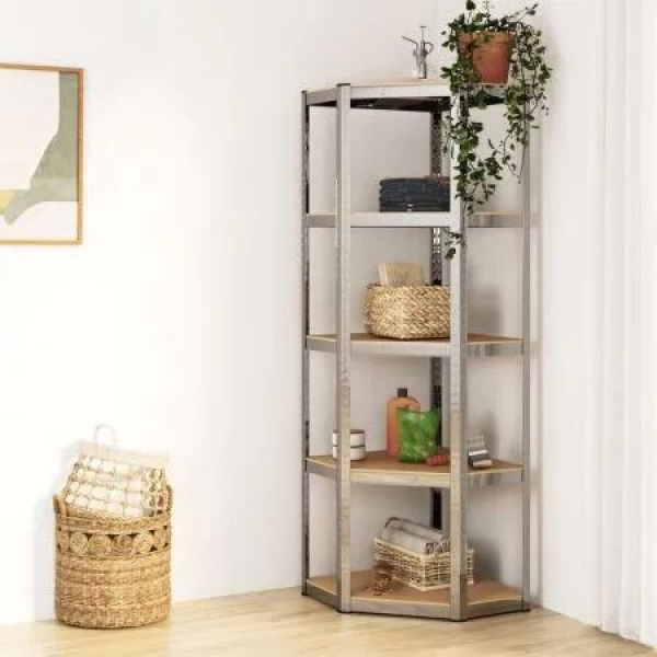 5-Layer Corner Shelf Silver Steel and Engineered Wood