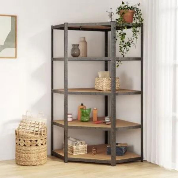 5-Layer Heavy-duty Corner Shelf Grey Steel and Engineered Wood